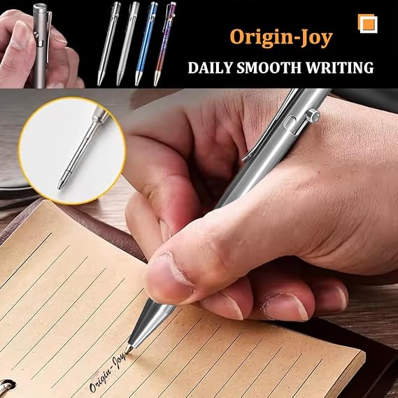 Origin-Joy Titanium Alloy Bolt Action Pen, Slim Lightweight EDC Pocket Tactical Pen With 5 Ballpoint Refills (Silver)
