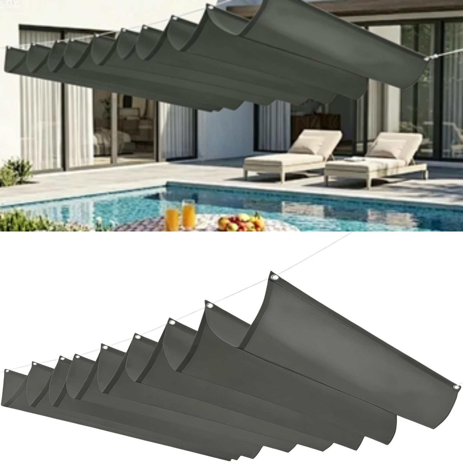 Wodoodporny Żagiel Przeciwsłoneczny 140 x 380 cm Regulowany Na Zamówienie Żagiel Przeciwsłoneczny Do Pergoli Z Oczkami I Sznurkiem Do Ogrodu Zewnętrznego, Patio, Trawnika, Jasny szary