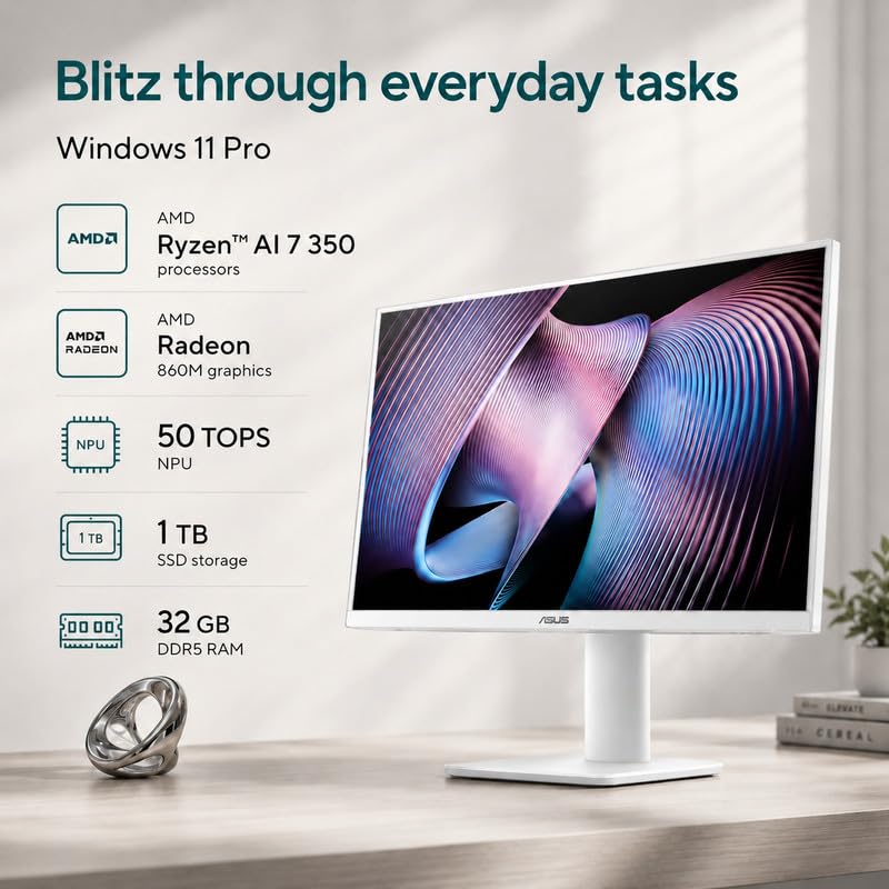 Image of ASUS All in One 27 inch FHD Touchscreen PC, Ryzen AI 7 350, 32GB DDR5, 1TB SSD | Copilot+ PC, 50 TOPS NPU, Anti-Glare, Radeon 860M, HDMI In /Out, Wi-Fi 6, Windows 11 Pro, Office 2021, KB & Mouse