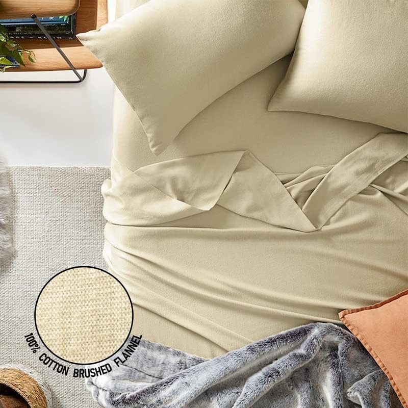 Thread Count - 100% Cotton Double Brushed Flannel Sheet Set - 170 GSM Heavyweight, Deep Pockets, Pre-Shrunk & Anti-Pill, All Around Elastic – King - Sand