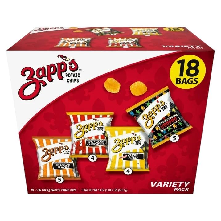 Zapp’s Kettle Chips Variety Pack – 18ct Single Serve Snack Bags – Voodoo, Regular, Cajun, Creole Onion – Kettle Cooked Potato Chips, Lunch Snacks, Snack Pack, Bold Flavors, Crunchy, Gluten Free