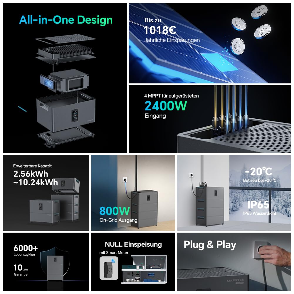 Marstek Jupiter C Plus Balkonkraftwerk mit Speicher & Wechselrichter, 0% MwSt, 2.56kWh LFP-Akku, App-Steuerung, 4 MPPT 2.4kW PV-Eingangsleistung/800W On-Grid-Ausgang, IP65, Plug&Play, 6000 Ladezyklen