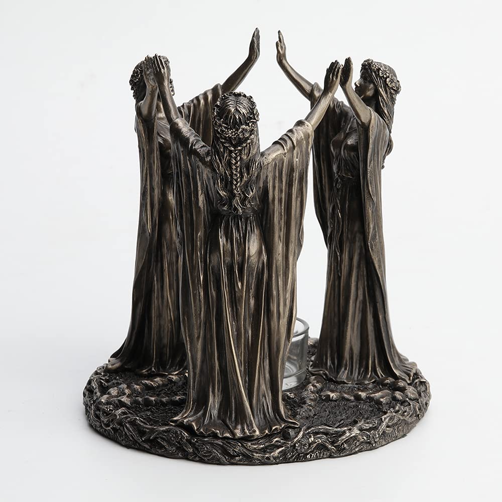 Veronese Design 6 3/4 Pollice Alto Tripla Luna Dea Maidens Rituale Candela Tealight Titolare Freddo Cast Bronzato Resina Scultura Wiccan Alter Figurine Home Decor New Age Religioso Da Collezione