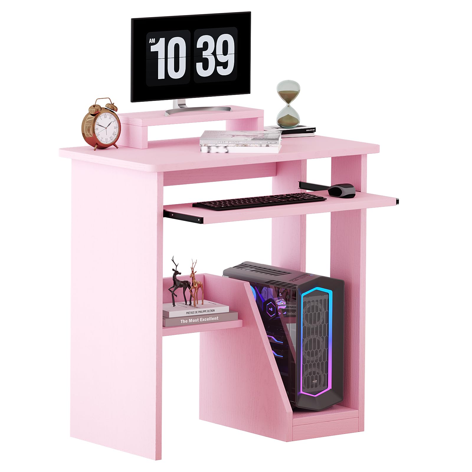 MIN WIN Kleiner Schreibtisch, Computertisch mit Monitorständer, Tastaturablage und CPU-Ständer, Bürotisch für kleine Räume, Home Office, Schlafzimmer
