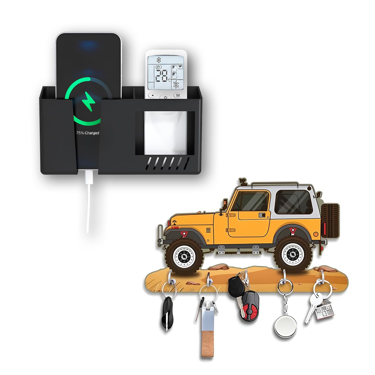 TECHONTO® Wall Mount Phone Holder with Storage Box & Wooden Key Hanger with 5 Hooks Combo-Mobile Charging Stand, AC/TV Remote Organiser, Self Adhesive Wall Mount Ultimate Home/Office Organizer - Black-image-40