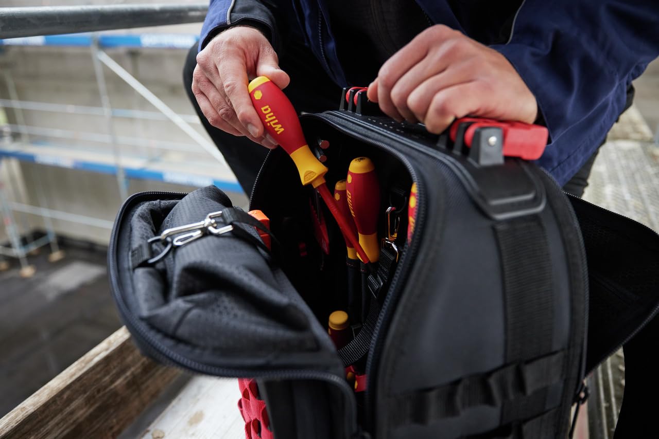 Mochila de herramientas electrico 27 herramientas | (45528) Mochila de trabajo I base estable I compartimento portátil I bolsillos accesorios I bolsa de herramientas