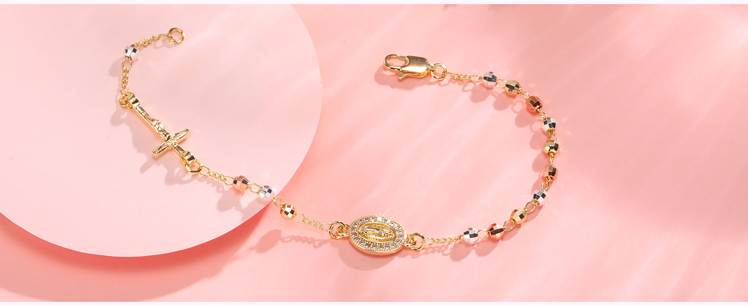 Catholic Crucifix Gifts Rosary Bracelet for Women-14K gold plated Virgin Mary Jesus Cross Charm Link Chain, Dainty Virgen de Guadalupe Religious Gift for Confirmation Baptism First Communion Easter