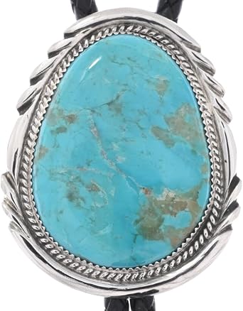 Genuine Turquoise Hammered Silver Bolo Tie Sterling on Leather 1766