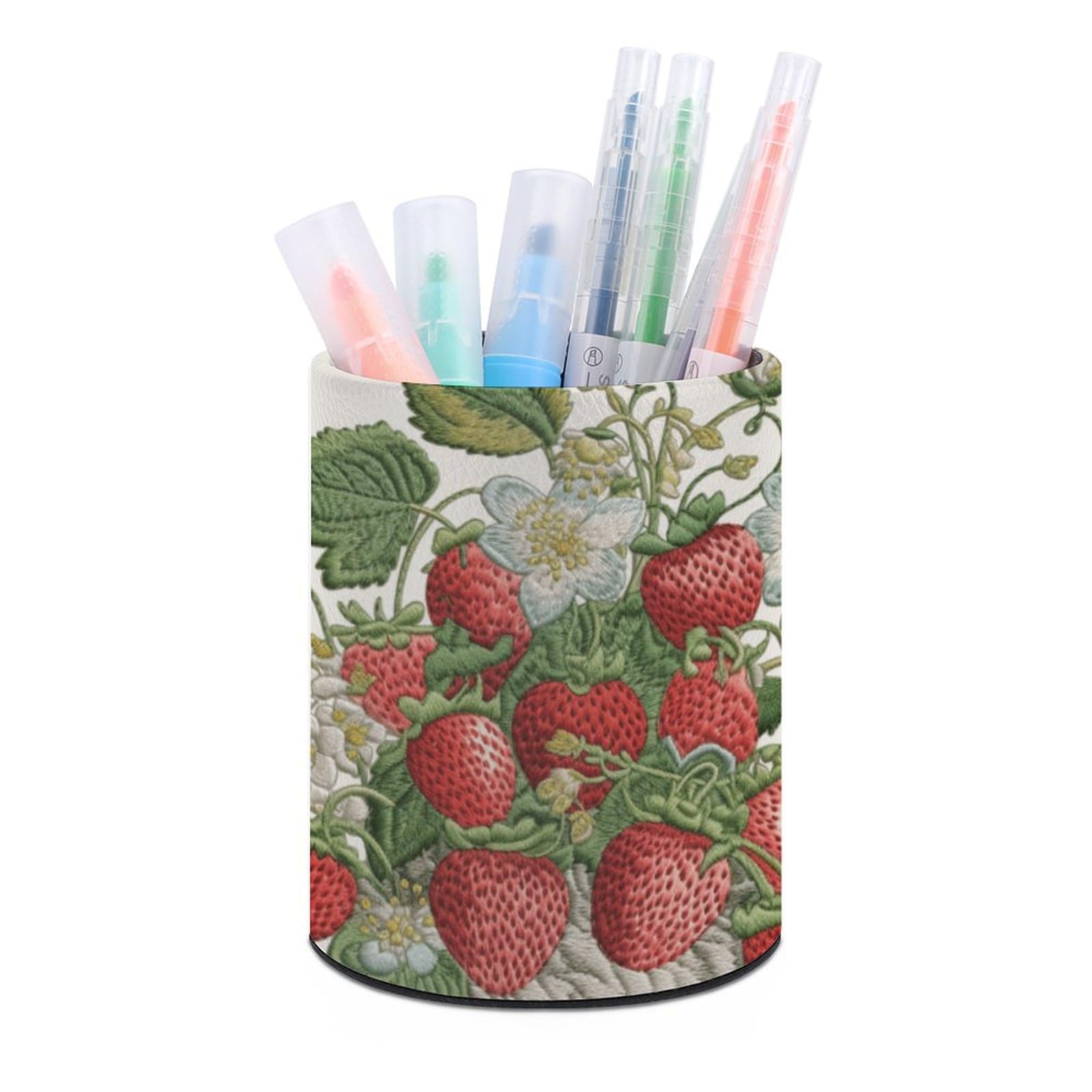 JTREHY Round Pen Holder,Strawberry Embroidery Printed Makeup Brush Storage Box for Home Office Dressing Table