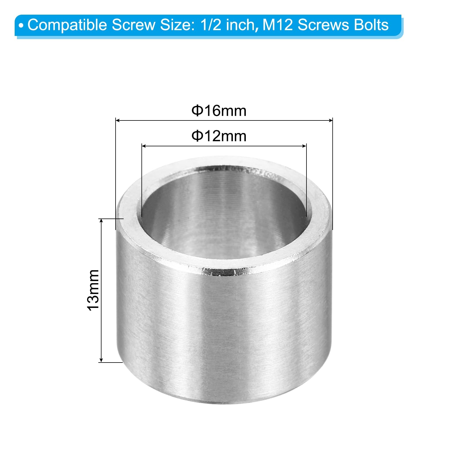 PATIKIL M12 Stainless Steel Spacers, 12Pcs Metal Spacer 12mm ID x 16mm OD x 13mm L Screw Standoff for 1/2" or M12 Screw - Image 2