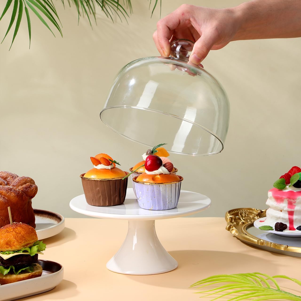 ERINGOGO Cake Stand 8 inch Ceramic Cake Stand, Footed Cake Plate with Glass Dome, Dessert Serving Platter Cheese Board, Wedding Server Tray for Pastries, Doughnuts, Muffin Wedding Decor