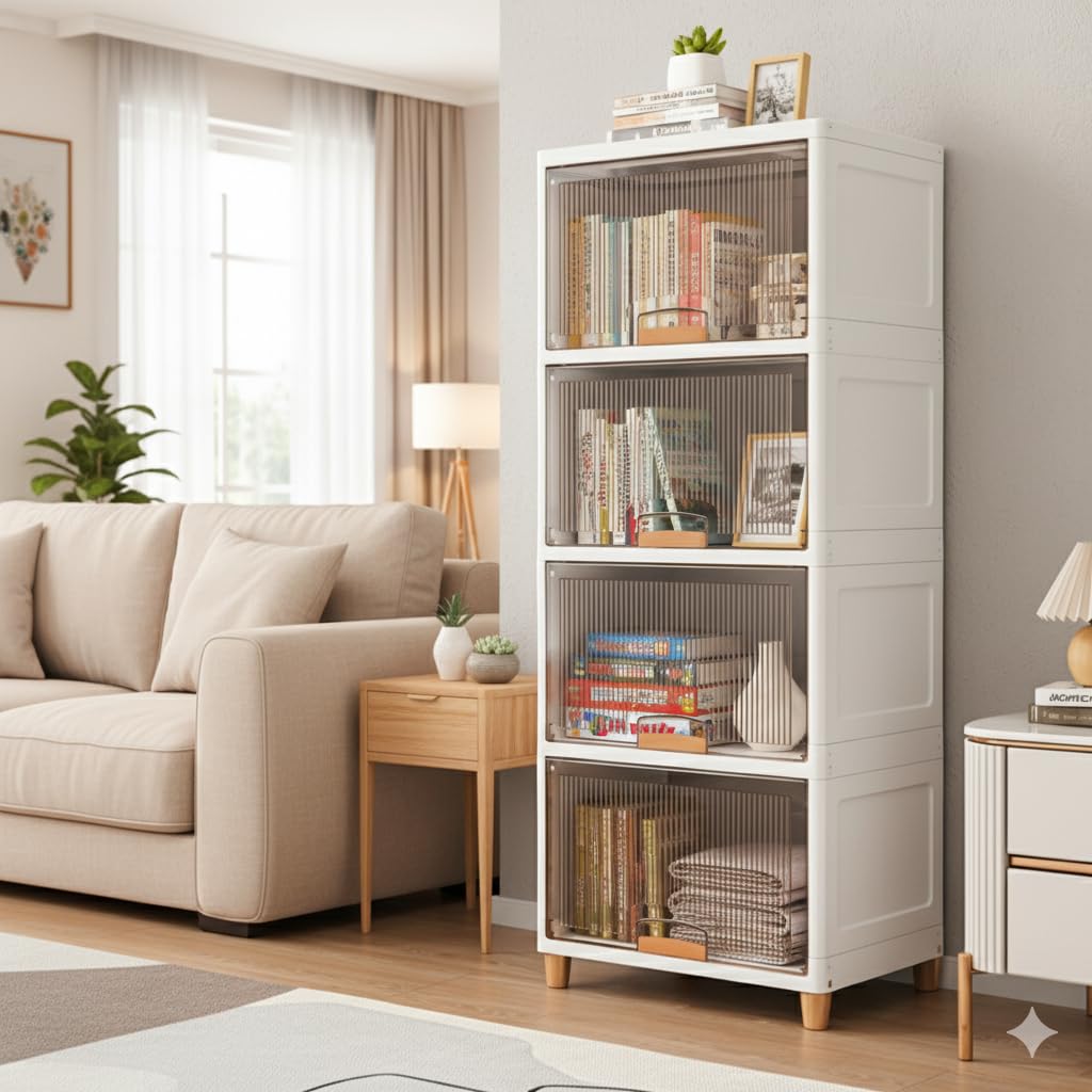 mechdel Plastic Rack/Kitchen Cupboard/Cupboard Rack/Stackable Rack/Wardrobe for Clothes/Multipurpose Organizer/Closet for Bedroom/Living Room/Laundry Room/Bookshelf (Cupboard Rack-Transparent, 4PCS)