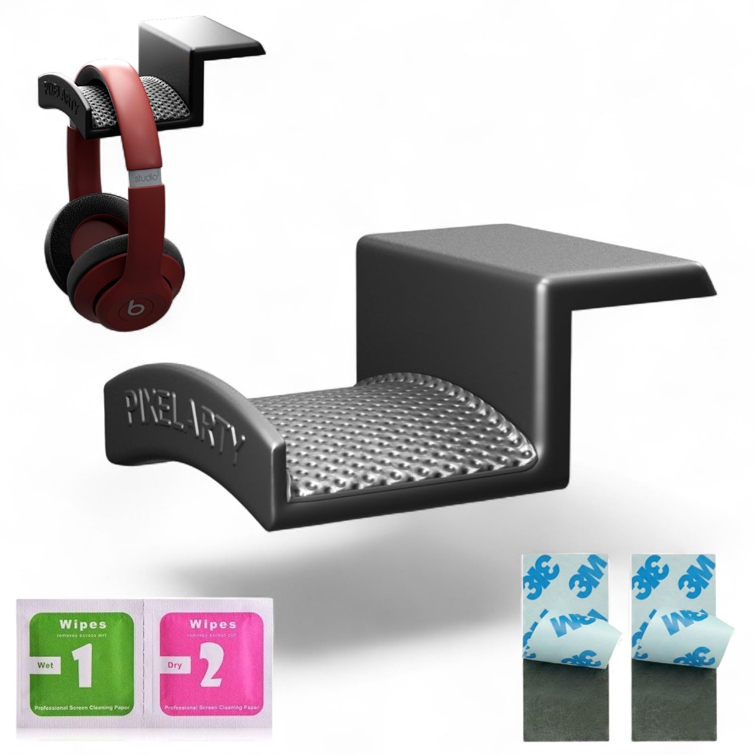 Headphone stand for Desk with High-Strength 3M Adhesive, Soft Leatherette Padding and Curved Design, Includes Wet/Dry Cleaning Wipes, Scratch Free Leatherette Cushion Headset Hanger (Black)