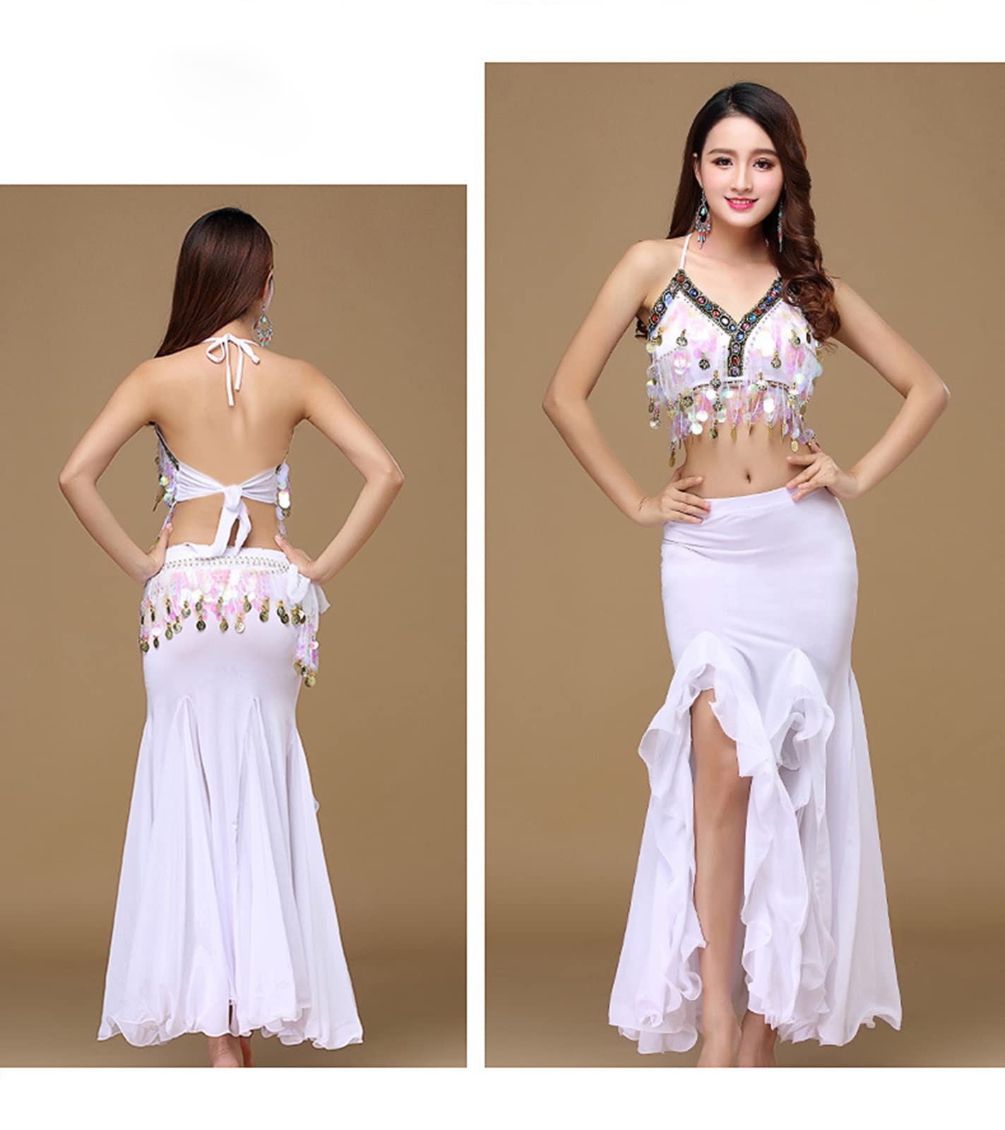 Belly Dance Costume Set for Women Belly Dance Crop Top Bra and Hip Scarf Slit Dance Skirt Halloween Outfit