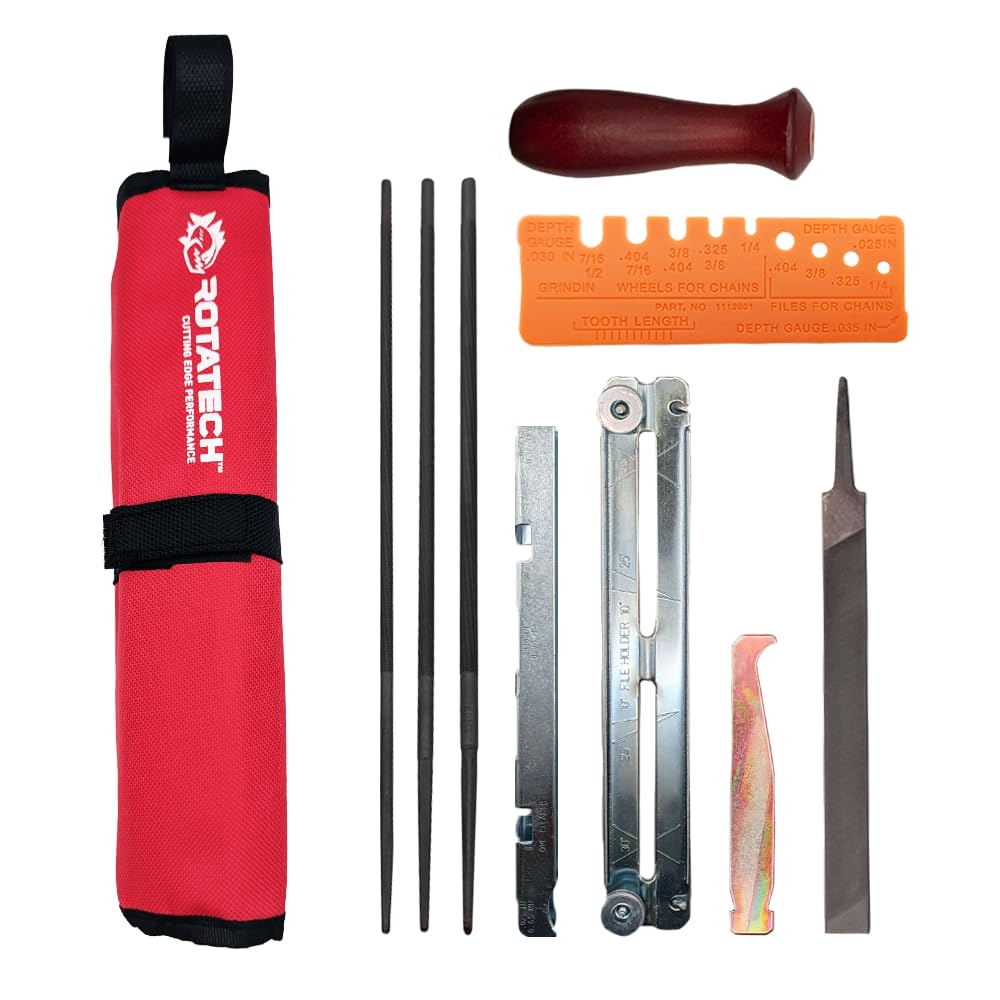 Rotatech Chainsaw Chain Sharpening Kit. Chainsaw Chain Sharpener with 5/32" (4mm), 3/16" (4.8mm) & 7/32" (5.5mm) Round Files, Handle, Flat File, Filing Guide & Pouch.