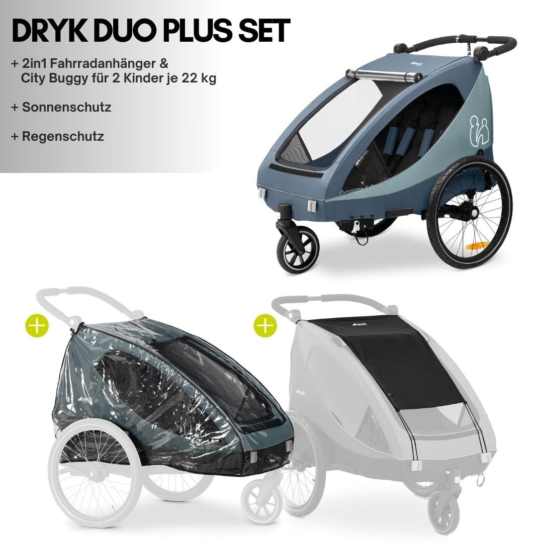 hauck Fahrradanhänger & Kinderwagen Set Dryk Duo Plus für 2 Kinder (6-48 Monate), inkl. Regenschutz, Sonnensegel, Deichsel, Buggyrad, Fahne und LED Licht