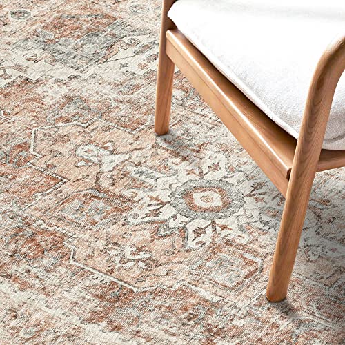 Kozyfly 2X3 Non-Slip Washable Rug - Small Vintage Persian Rug Print Rug Thin Rug Boho Rug 2X3 Rug For Entryway, Kitchen, Bathroom - Distressed Medallion Brick Red Chenille Carpet #TOP3