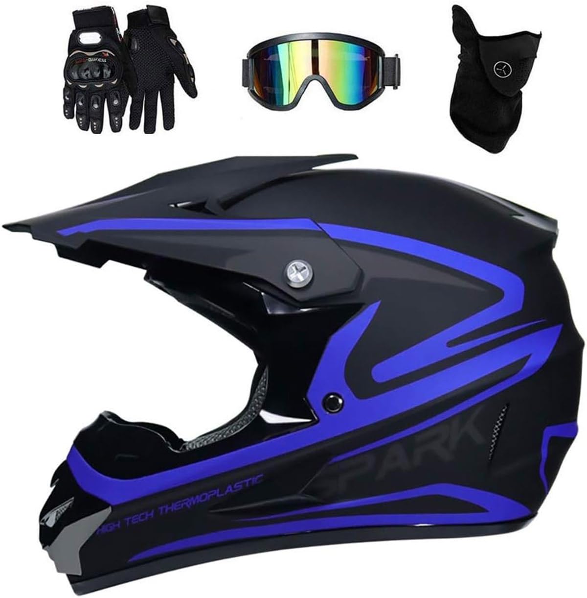 Hełm dla dorosłych MTB Motocross, Full Face Off Road Sports Motorbike Hełm z Goggles Rękawicz, Maska z Downhill Enduro Quad Dirt Bike Scooter Helmet(Dark blue,M(54~55cm))