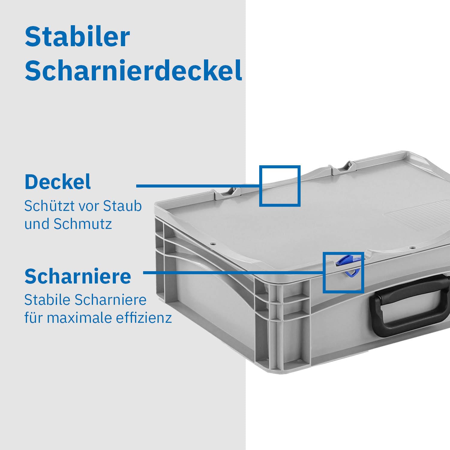 DIE BOX FABRIK Robuster Eurobehälter mit Tragegriff & Scharnierdeckel | Stapelbarer Kunststoffkoffer für Lager & Transport | Aufbewahrungsbox für Werkzeuge, Logistik & Industrie (400x300x233 mm)