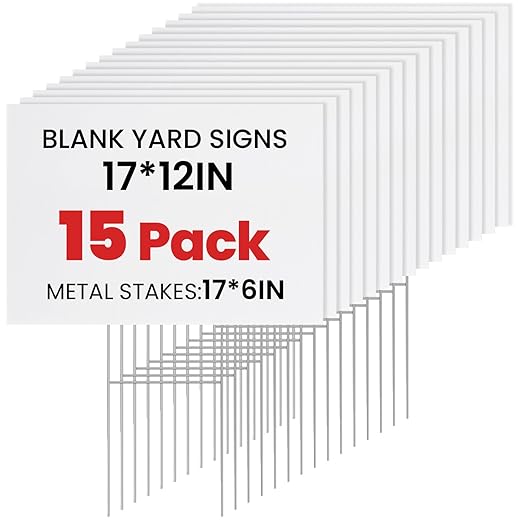 15 Pack Yard Signs with Metal Stakes, Custom Yard 17 x 12 Inches, Corrugated Plastic Board for Sale Sign Outdoor, Rent, Guidepost, Garage Sale Signs, Birthday Party