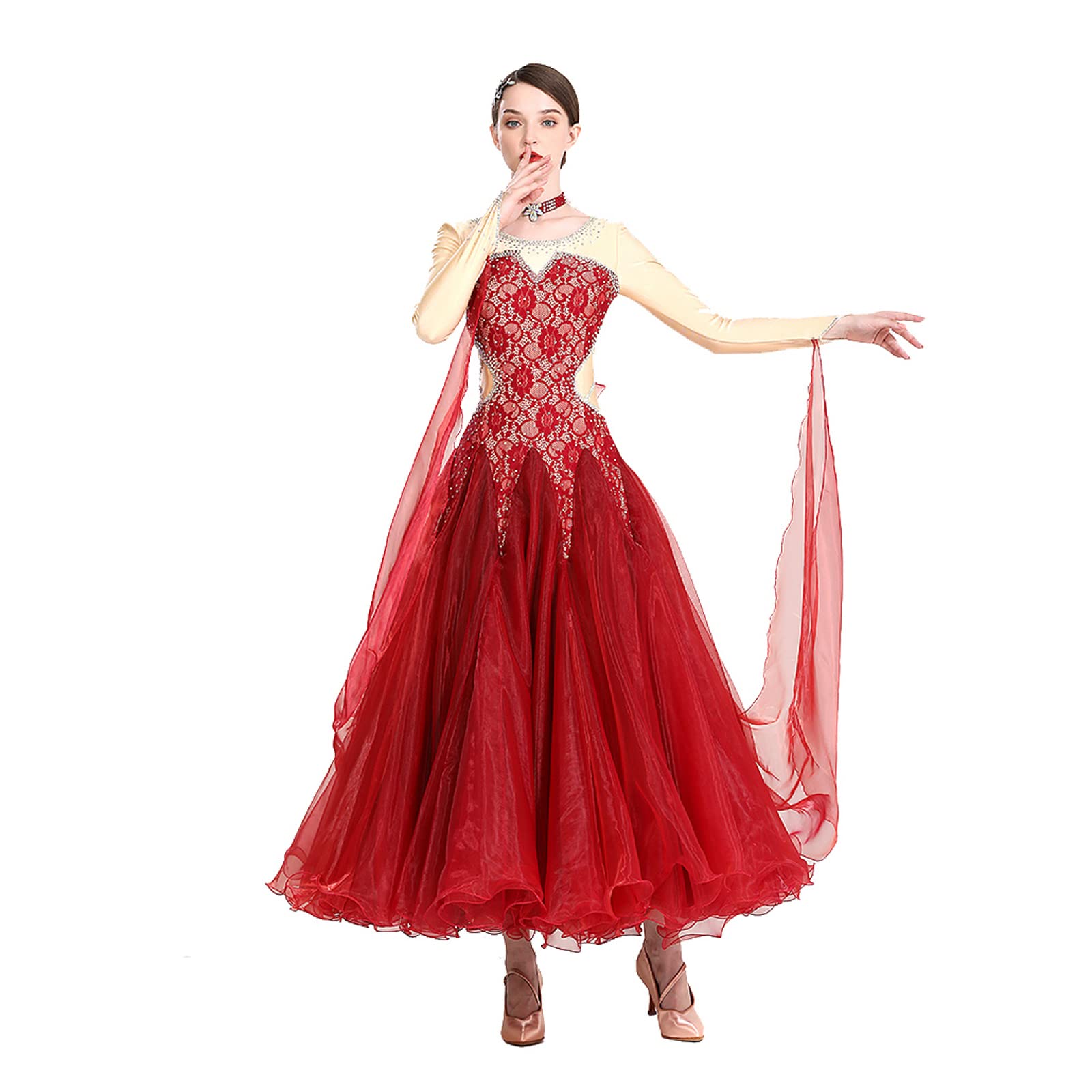 JRUIA Professional Standard Ballroom Dance Dresses for Women Flamenco Waltz Performance Outfit Tango Competition Costumes,C,M