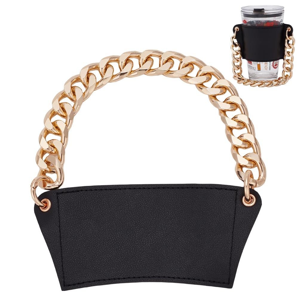 WADORN Portable Coffee Cup Sleeve Holder, PU Leather Reusable Cup Sleeve with Aluminum Handle Chain Decorative Chain PU Leather Cup Sleeve Drink Carrier for Hot Beverage Cup Water Cup, Black