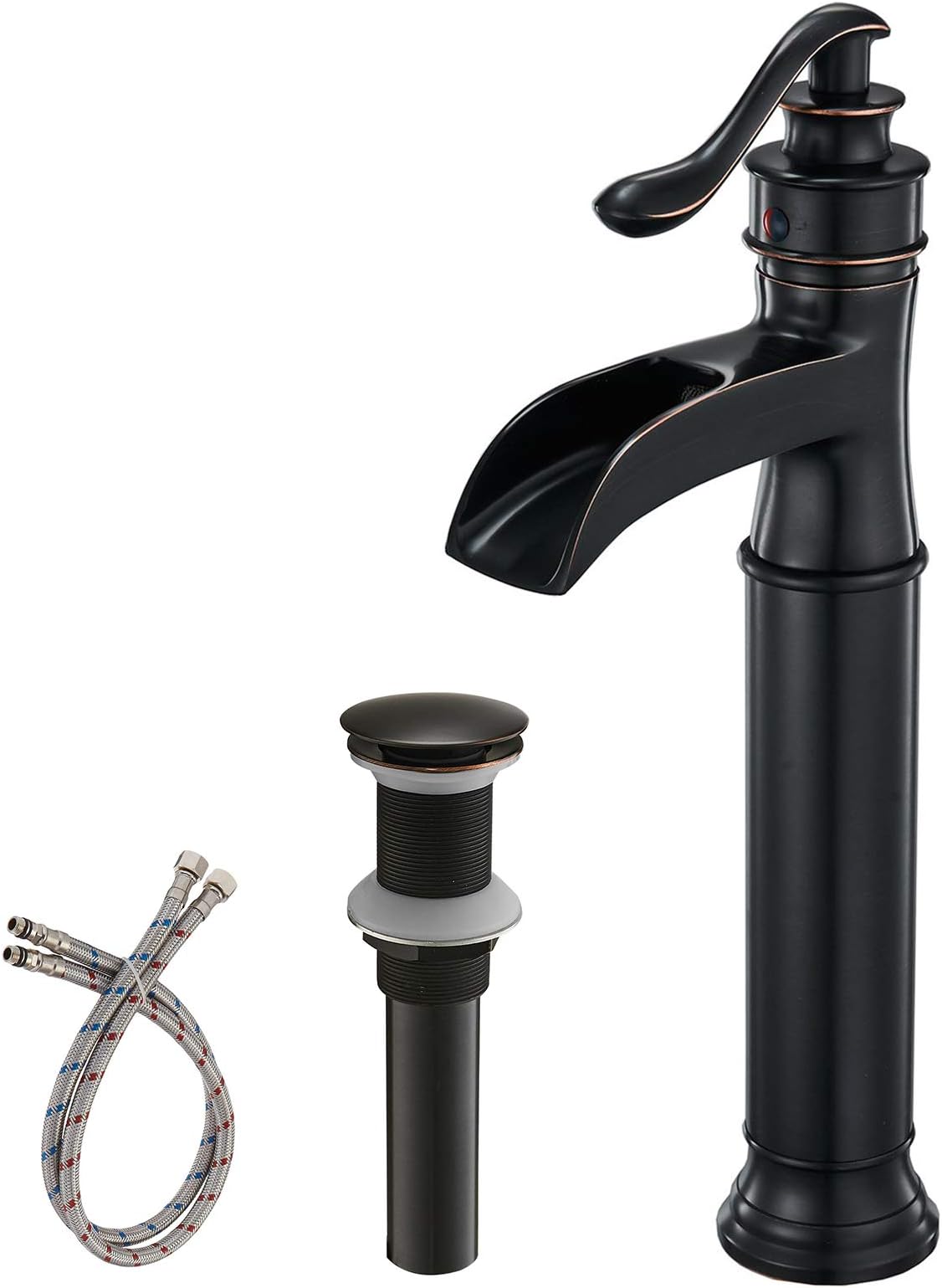 BWE Waterfall Spout Oil Rubbed Bronze Bathroom Faucet Single Handle One Hole Vessel Sink Faucet ORB Lavatory Faucets Deck Mount Tall Body Commercial
