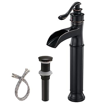 Aquafaucet Waterfall Spout Oil Rubbed Bronze Single Handle One Hole Bathroom Sink Vessel Faucet ORB Lavatory Faucets Deck Mount Tall Body Commercial