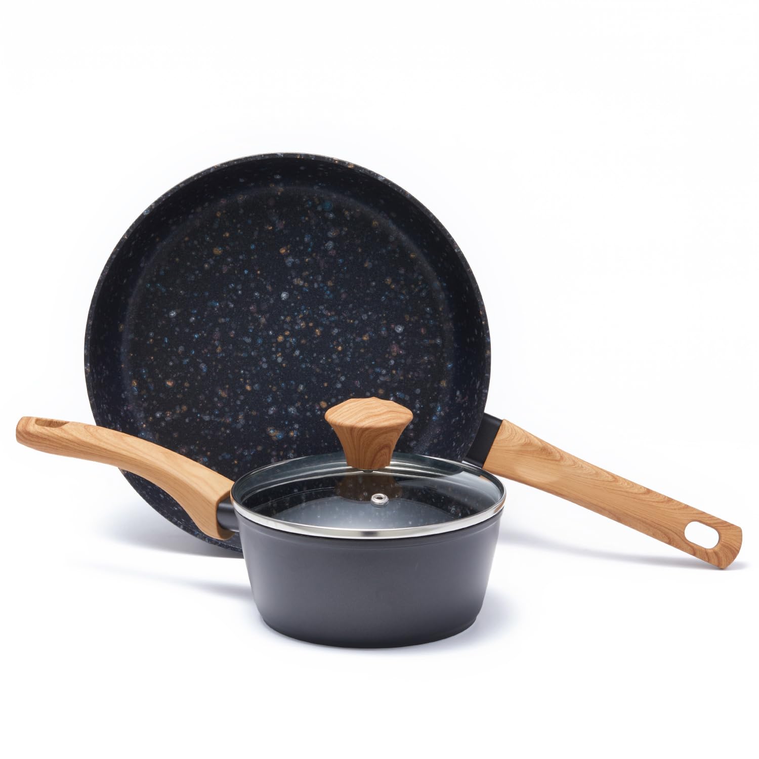 Jovire Small Non-Stick Frying Set, Frying pan & Saucepan with Lid,Ceramic Coated PFOA PTFE Free, Compatible with All Stovetops Including Induction (Black, 3-pcs 24cm)