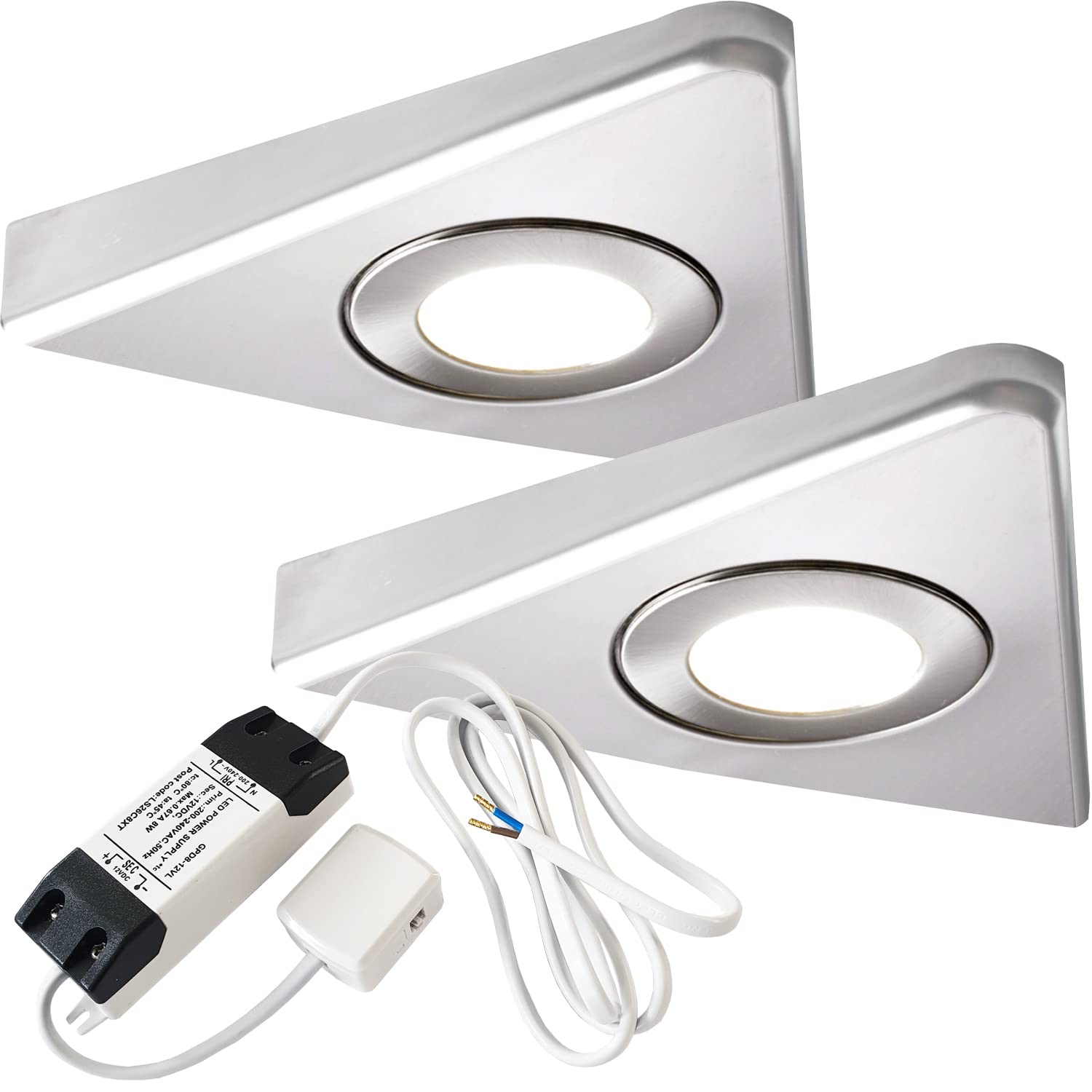 2x Brushed Nickel Triangle Under Cabinet LED Lights Kit - Natural White LED - 4000-4500K