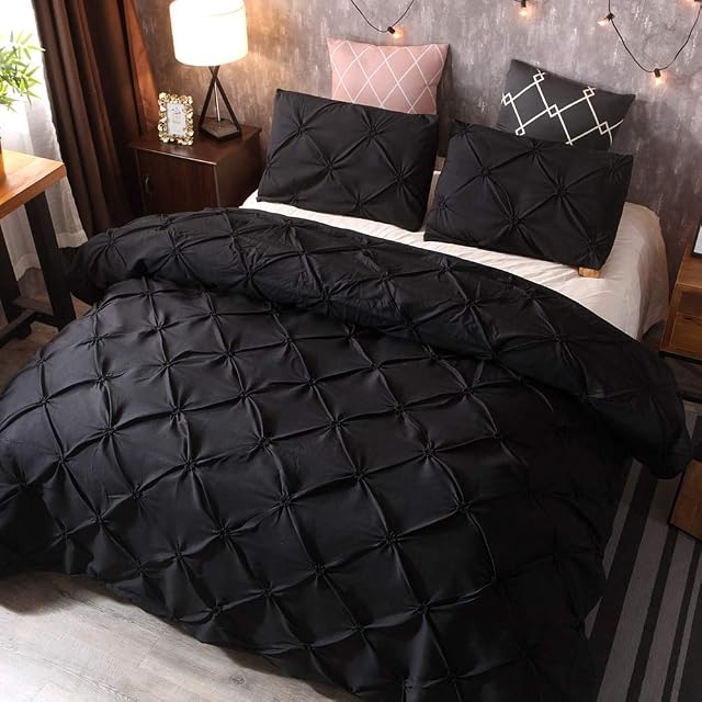Double Size Black Pinch Pleat Duvet Cover Set with 2 Pillowcases Pintuck Bedding Set with Zipper Closure 3 Pieces Soft Microfiber Duvet Cover 200 x 200cm