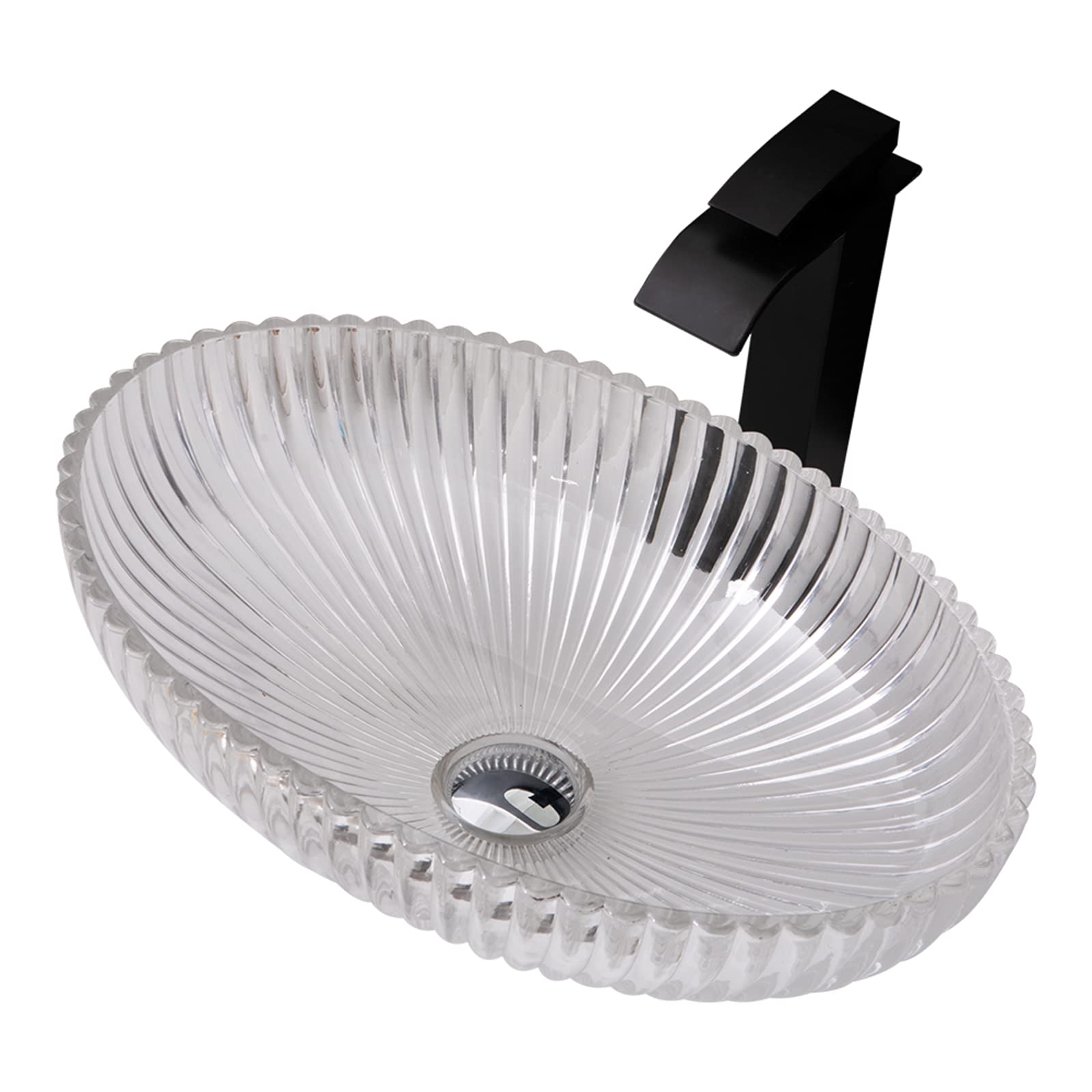 Aioneer Bathroom Vessel Sink Transparent Crystal Glass Vessel Sink Combo Counter Top Installation Bathroom Oval Vessel Vanity Sink Art Basin With Matte Black Brass Waterfall Fauc