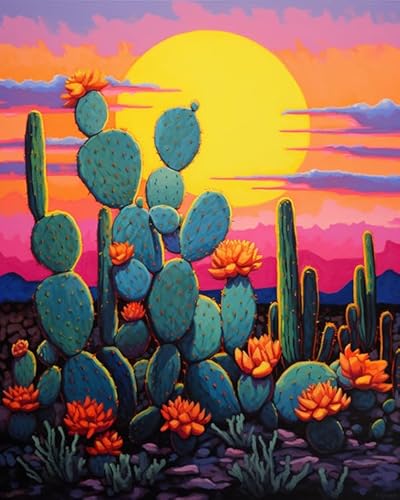 Kit Peinture Adulte Enfant,cactus,coucher de soleil,Peinture par Numéro pour Adulte ​Enfant Débutant pour Anniversaire,Noël ou Décoration Intérieure-40X50cm（Non cadre）