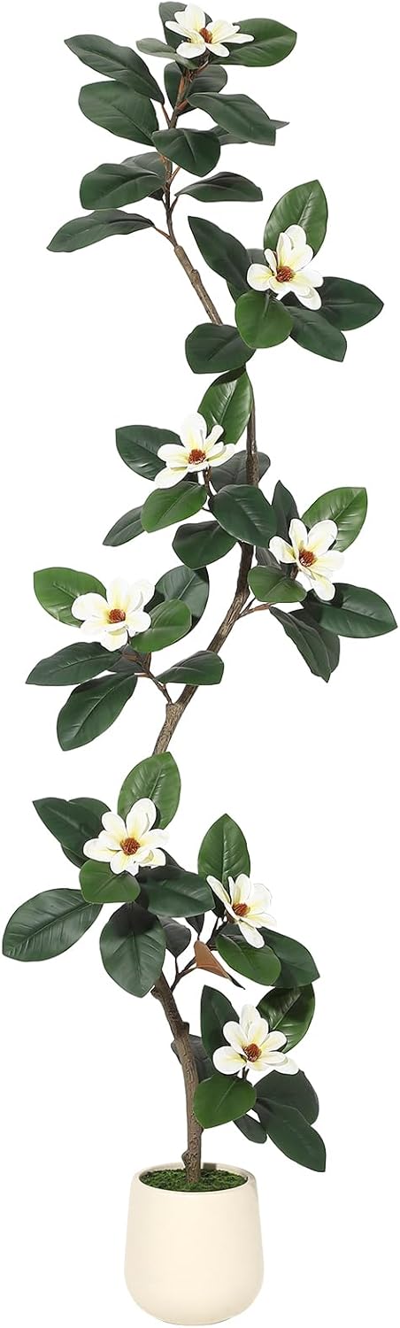 5ft Artificial Magnolia Tree, Tall Fake Plants with White Planters, Artificial Plants Indoor with 7 Pcs Magnolia Flowers for Home Decor Office Living Room