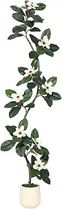 GAOMON 7FT Artificial Fiddle Leaf Fig Tree with Magnolia Flowers, Faux Plants with White Planter Pot, Faux Floor Plant, Indoor and Outdoor Rubber Tree for Home Office Decor