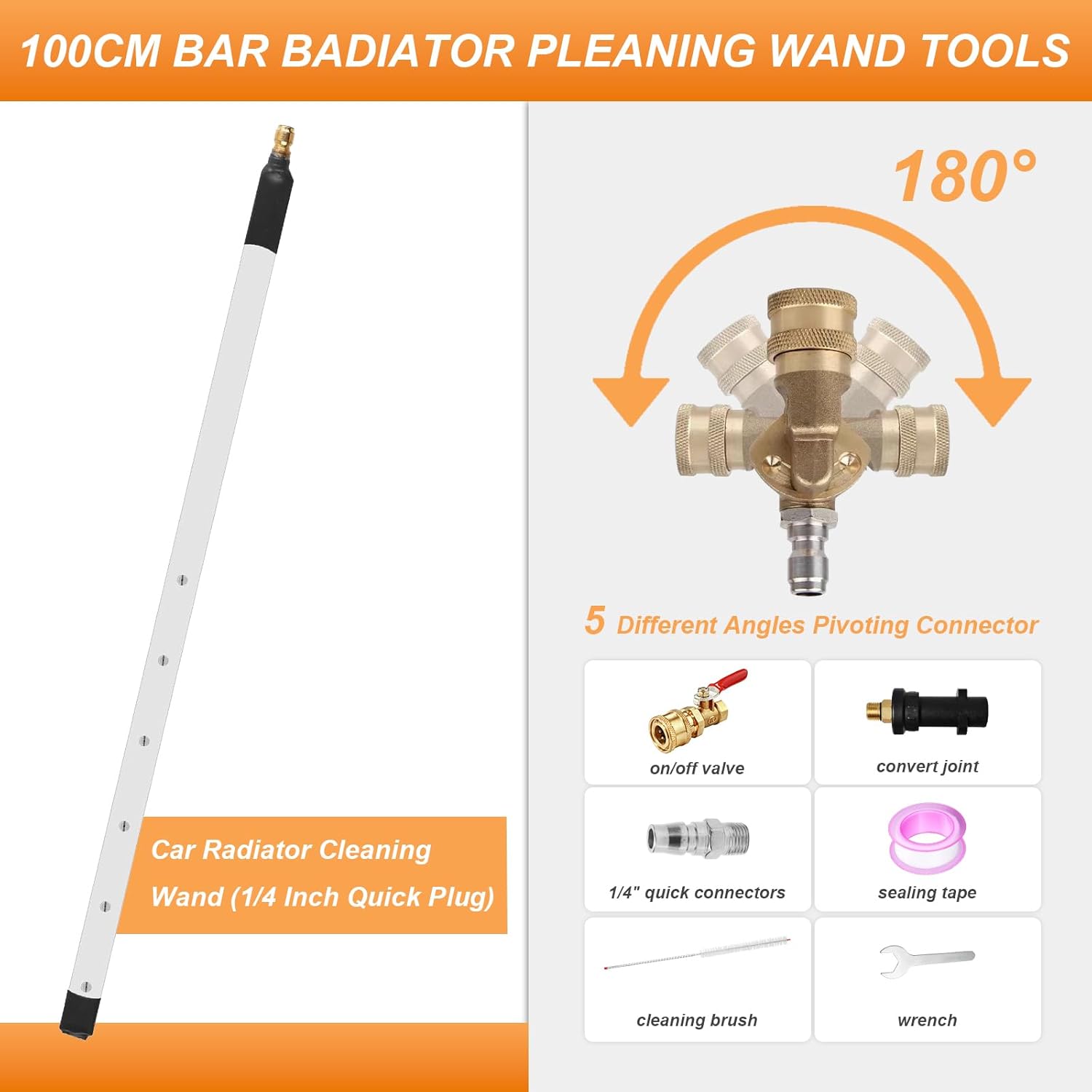 40" Radiator Cleaning Wand for Car,Water and Air Dual-Use 3500 PSI Pressure Washer Tool With 25° Fan Nozzles,4 Brass Connectors,Cleaning Brush,Wrench and Sealing Tape