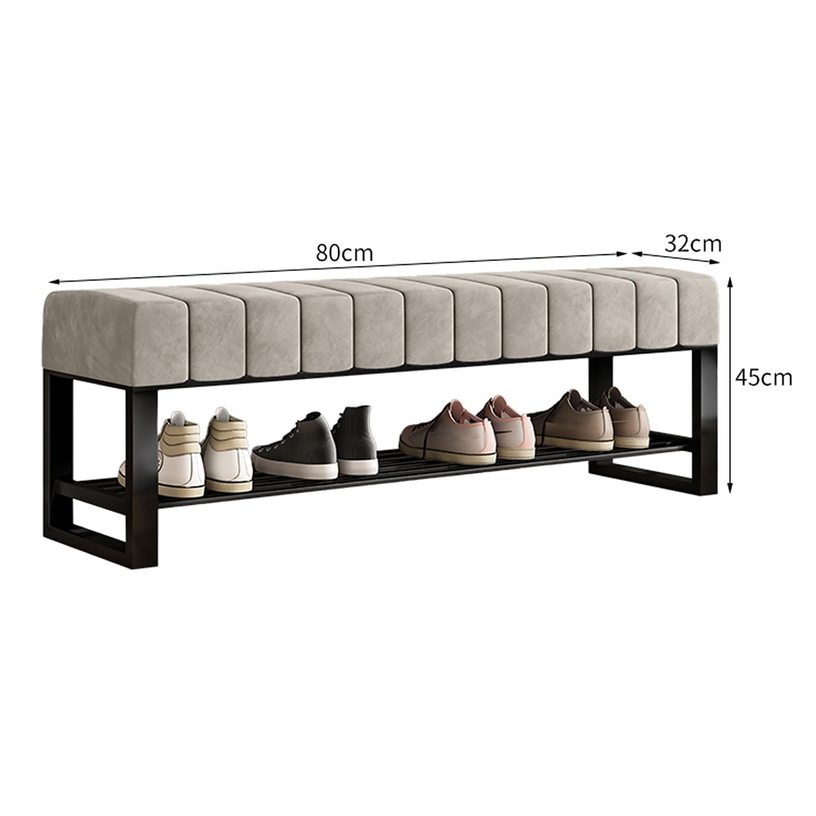 Stylowa aksamitna ławka na buty z wyściełanym siedziskiem, 2-poziomowa, do przechowywania, nowoczesna pufa do sypialni, czarna metalowa rama, 80 x 32 x 45 cm, kolor szary