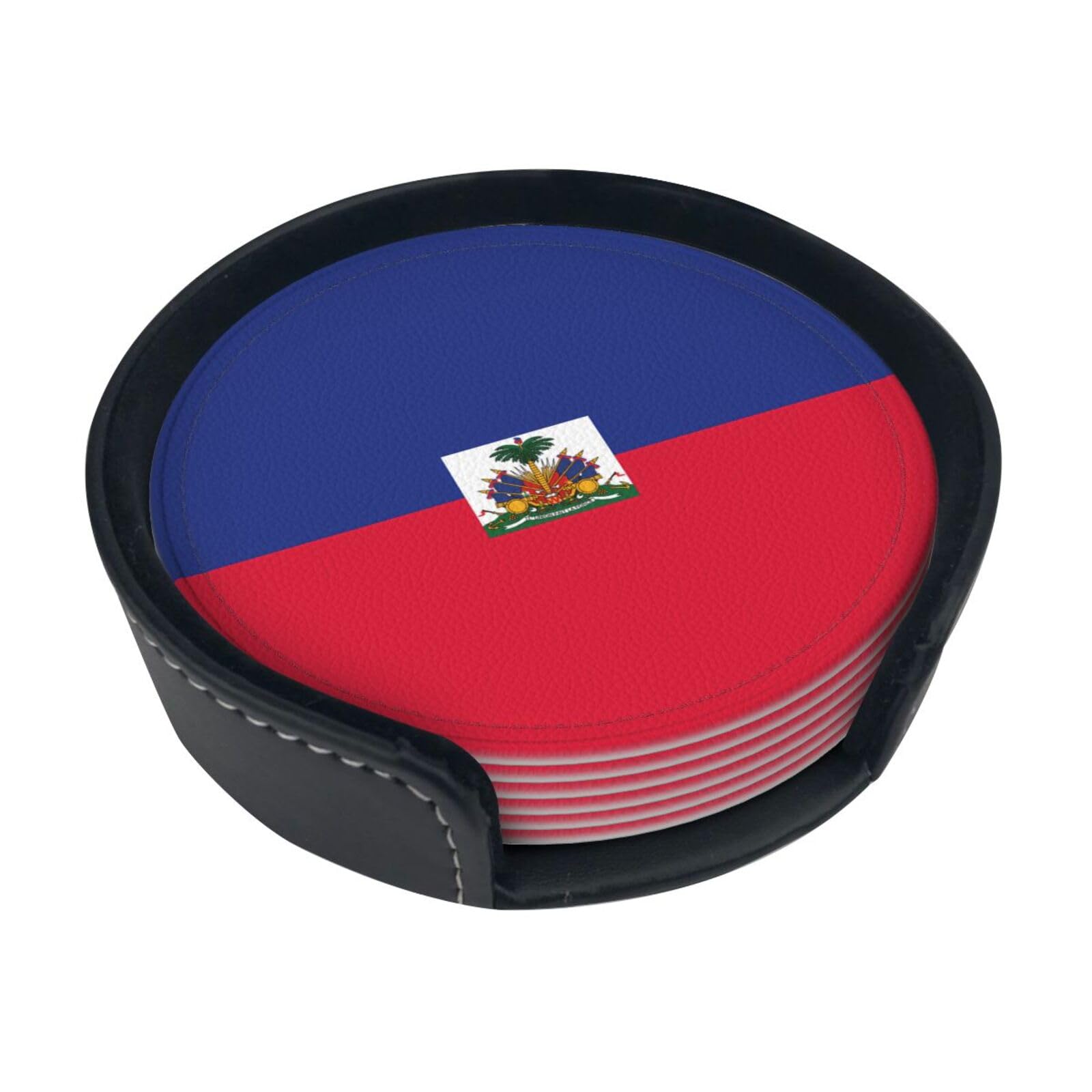 Haitian Flag Printed Coaster Set, with Holders, 6 Pieces. Suitable for Dining Tables, Kitchen Decor, and Coffee Tables.