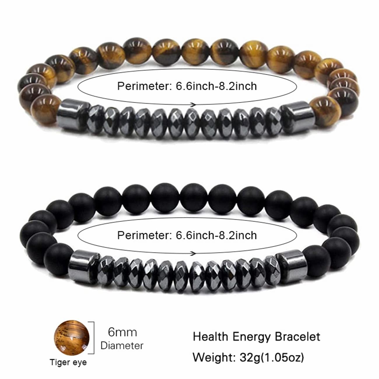 Schmuck Set mit 2 Armbändern, 6 mm, Tigerauge für Sie und Ihn, Partnerarmband, handgefertigt, 21 cm, Schwarzbraun, 21 cm x 6 mm, Kristall, Tigerauge. Haushaltsarmaturen