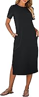 ANRABESS Women's Summer Casual Midi Dress - Short Sleeve Crewneck T-Shirt Dress with Side Slits, Striped Beach Vacation Outfit