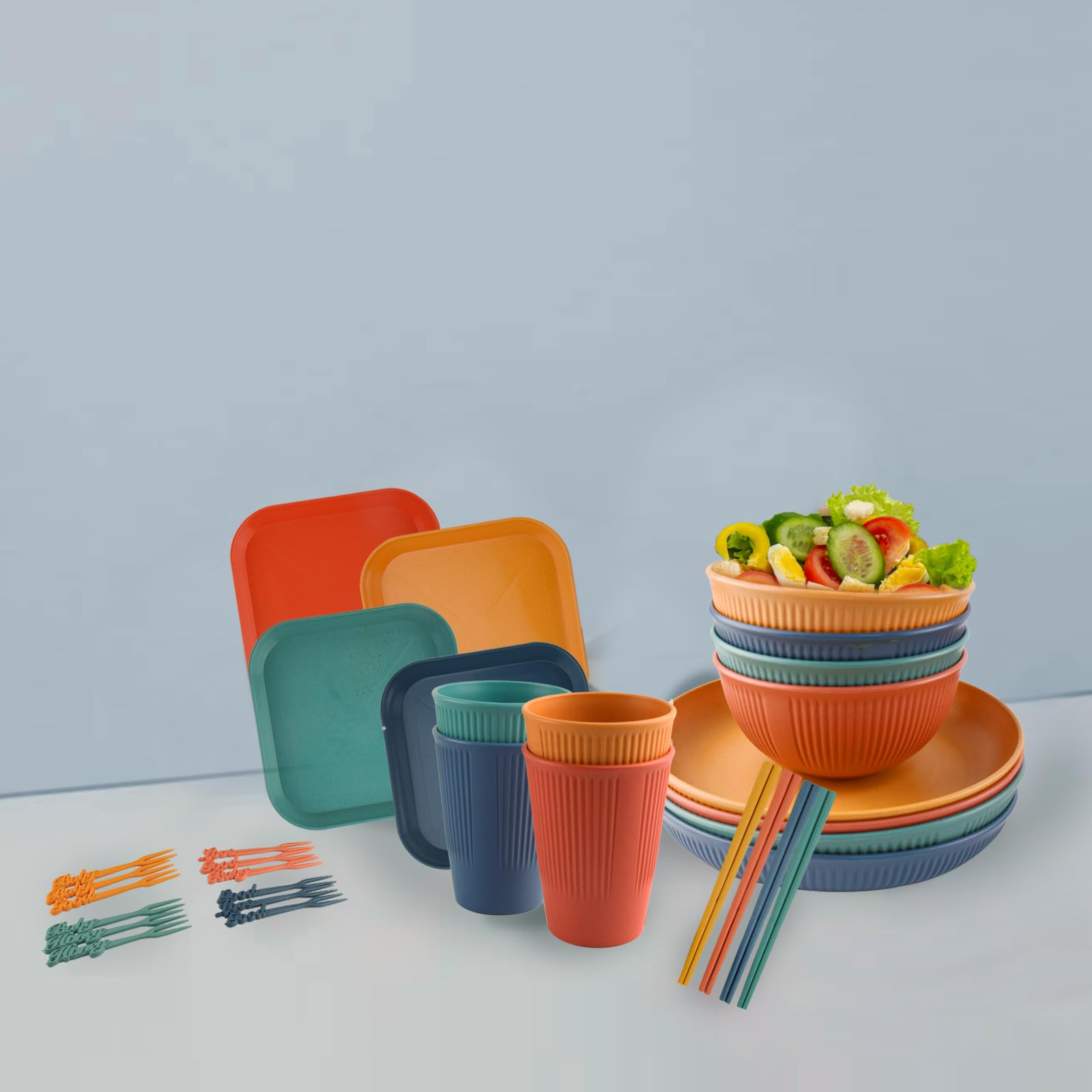 Piatti Campeggio 4 Persone, 48 Pezzi Plastica Pic Nic Set Campeggio Stoviglie, Riutilizzabile Set Piatti Campeggio, Stoviglie da Campeggio, Servizio di Piatti con Ciotole Forchette Cucchiai
