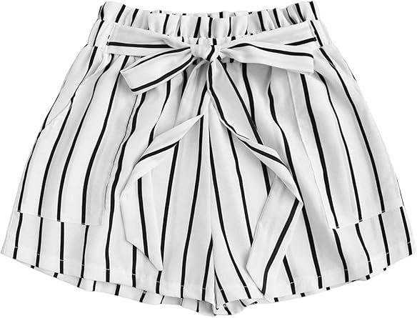 Milumia Women's Casual Striped Tie Paperbag Waist Wide Leg Belted Summer Shorts Black and White Medium