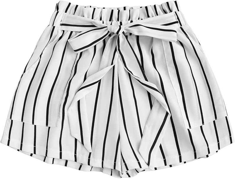 Milumia Women's Casual Striped Tie Paperbag Waist Wide Leg Belted Summer Shorts Black and White Medium