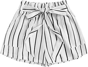Milumia Women's Casual Striped Tie Paperbag Waist Wide Leg Belted Summer Shorts Black and White Medium