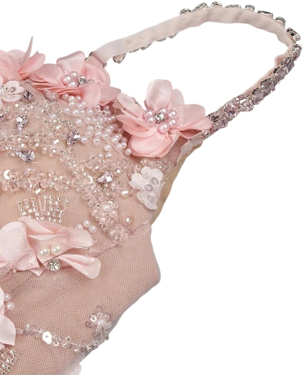 Women's Beaded Halter top with Pearl Sequins, Three-Dimensional Floral Embellishments, high Slit, Sheer mesh Dress