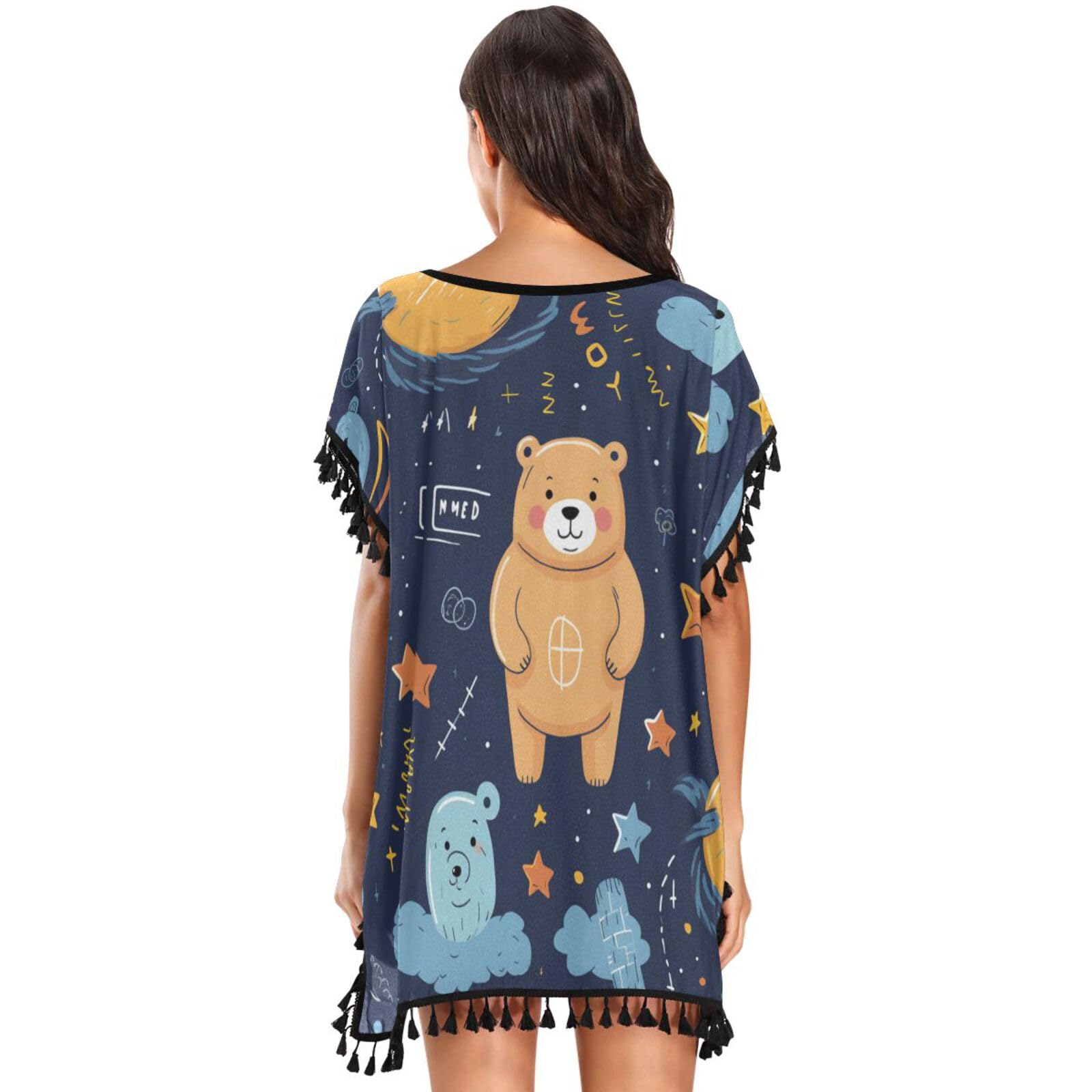 KAAVIYO Cute Bear Blue Star Women's Beach Cover Up Chiffon Tassel Swimwear Swimsuit Coverups for Girl