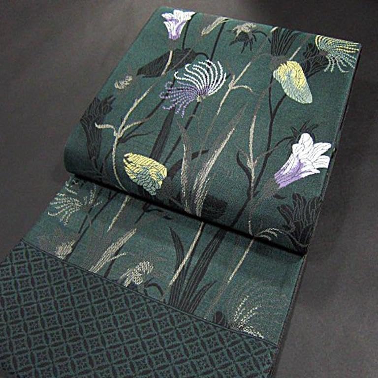 夏物・単衣に！新品 西陣織六通柄袋帯【綿芯仕立付】蓮の花　黒地 単衣に！新品西陣織六通柄袋帯【綿芯御仕立付】ウィリアムモリスを