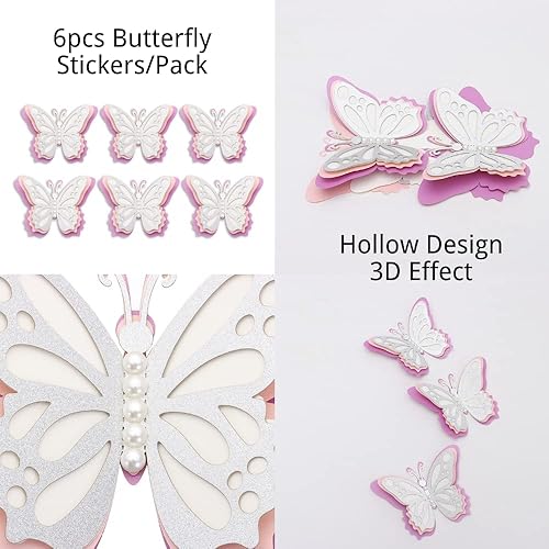 Miniatura 2 de Calcomanías grandes de pared de mariposa 3D 6 calcomanías de mural de mariposa perla diseño hueco 4 capas decoración de pared de mariposa para