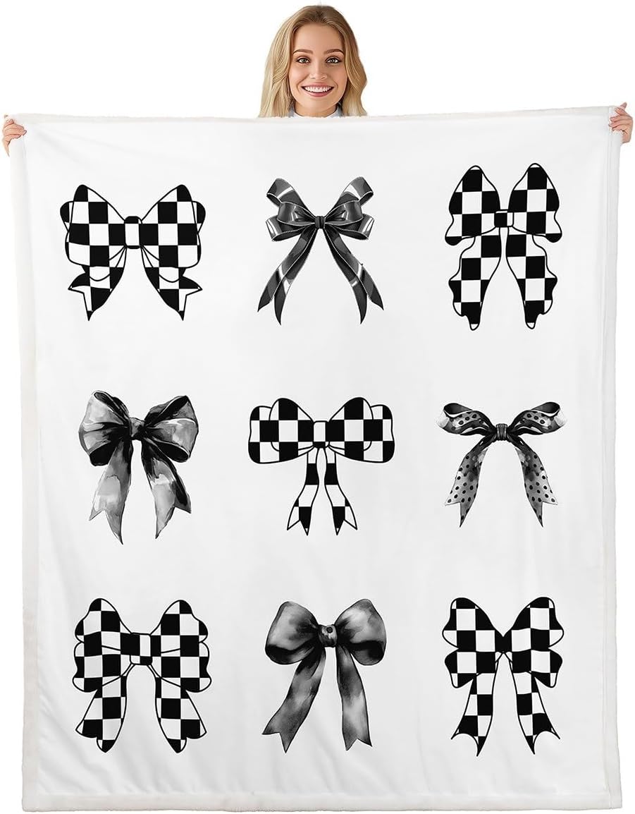 Bowknot Flannel Fleece Blanket,Girly Princess Bow-tie Bow Super Soft Blanket for Bed Sofa Couch,Watercolor Flower Paint Print Bed Blanket for Bedroom Decor,Twin 60"x80"