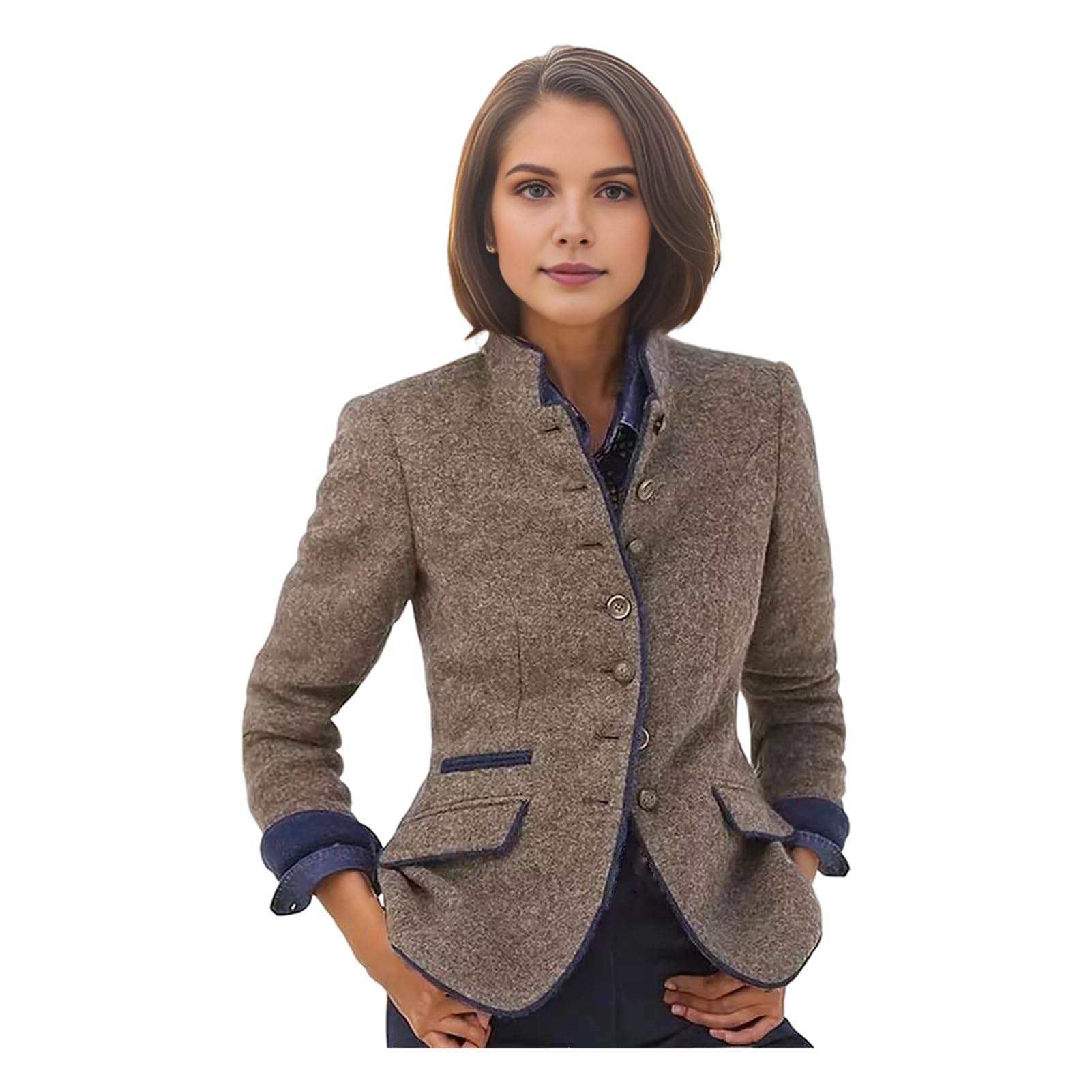 matumou Fall Winter Women Coat Contrast Color Stand Collar Button-down Long Sleeves Thick Cardigan Warm Woolen